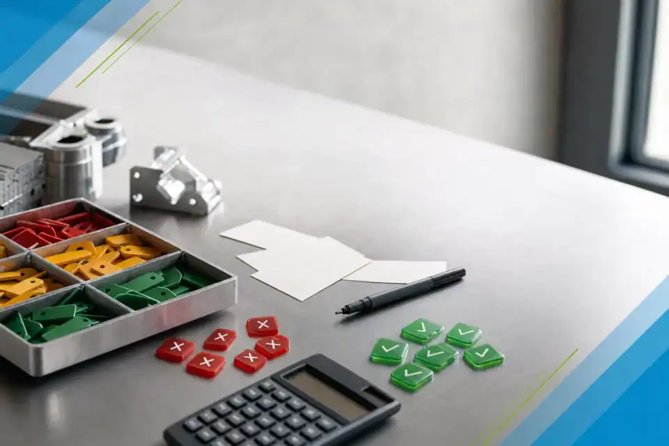 Editorial still life showing PPC lead-quality triage for manufacturers, with sorted markers, keyword tags, and subtle industrial components in a clean workspace.